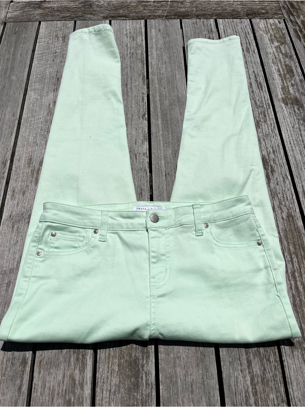 TRUTH & THEORY. LIGHT MINT GREEN 5 POCKET SKINNY JEANS/PANTS SIZE 8